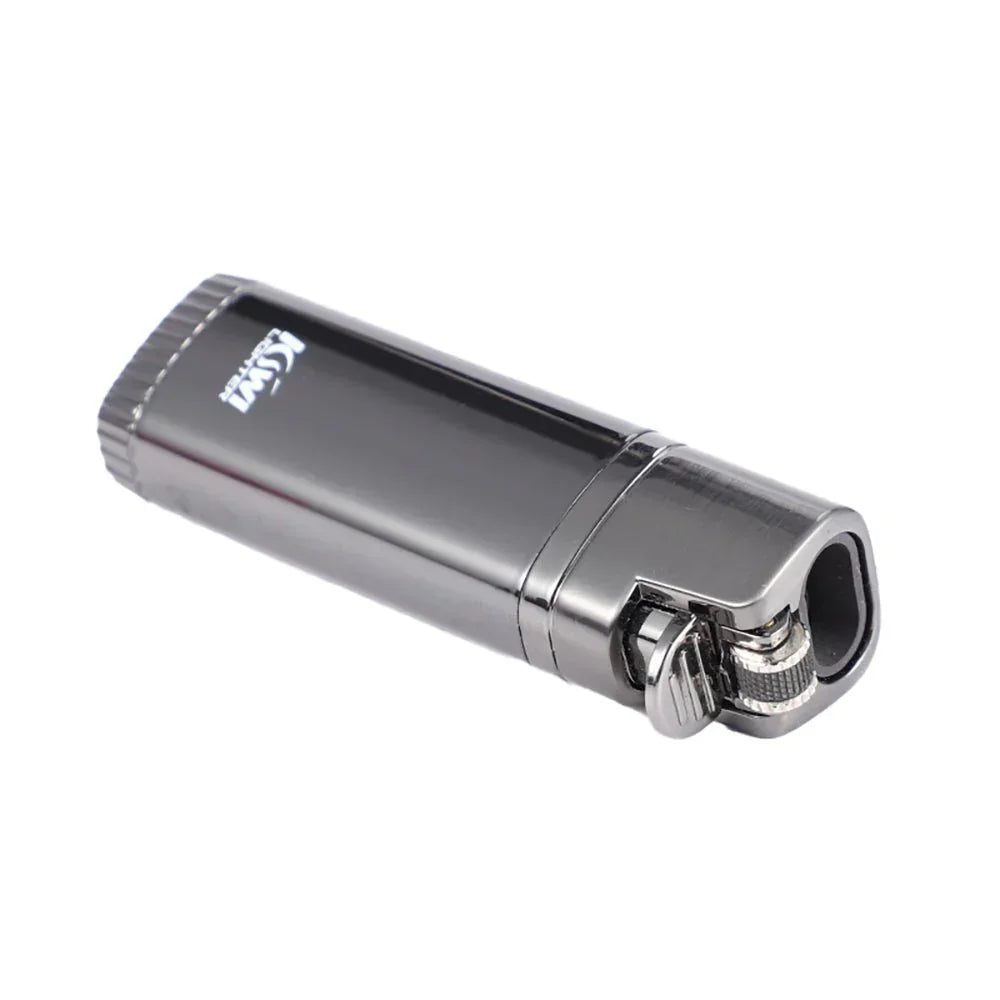 Close-up of sleek black metal jet lighter with ignition wheel and lever