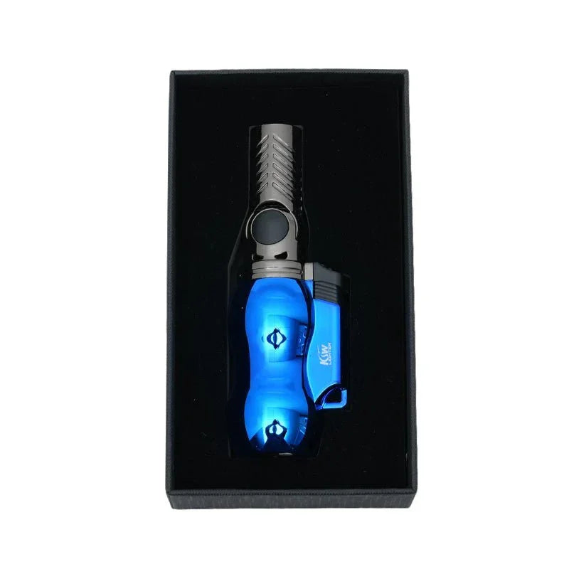 Blue and black jet flame lighter in black foam display box
