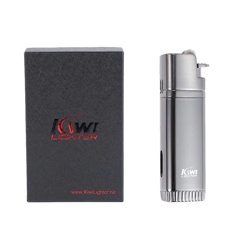 Sleek silver Kiwi Lighter with black textured box featuring red logo and website