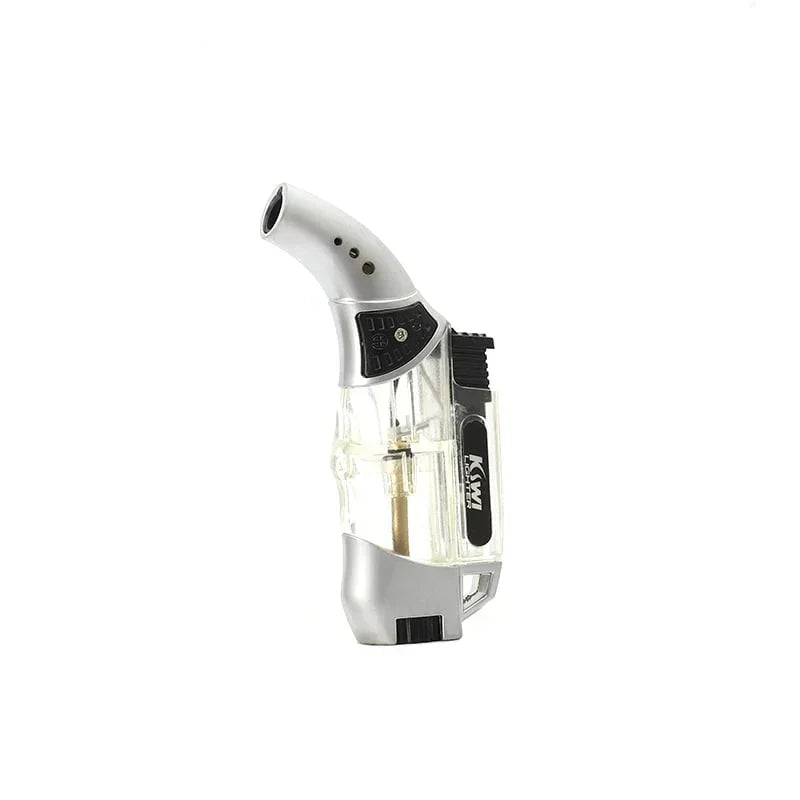 Transparent butane torch lighter with curved nozzle and black ignition button