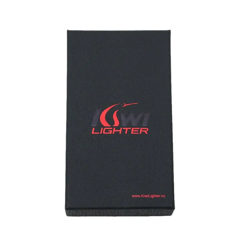 Black Kiwi Lighter branded box with red logo and website URL on textured surface
