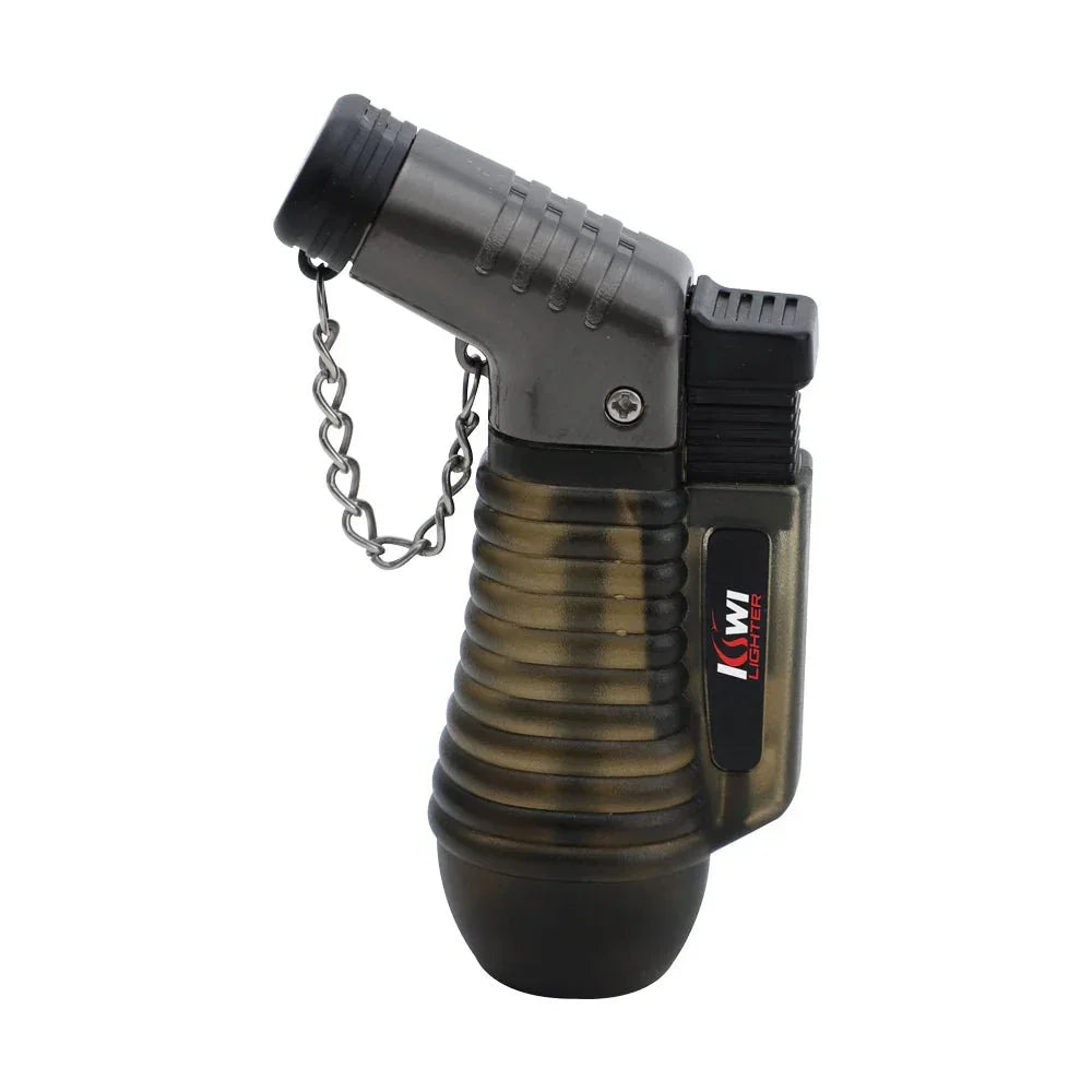 Compact black and grey KIWI torch lighter with ribbed grip and metal chain on white background