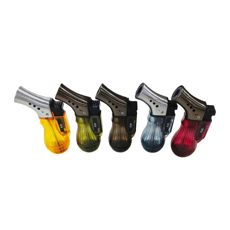 Set of five colorful jet lighters with translucent ergonomic grips and metal nozzles on white background