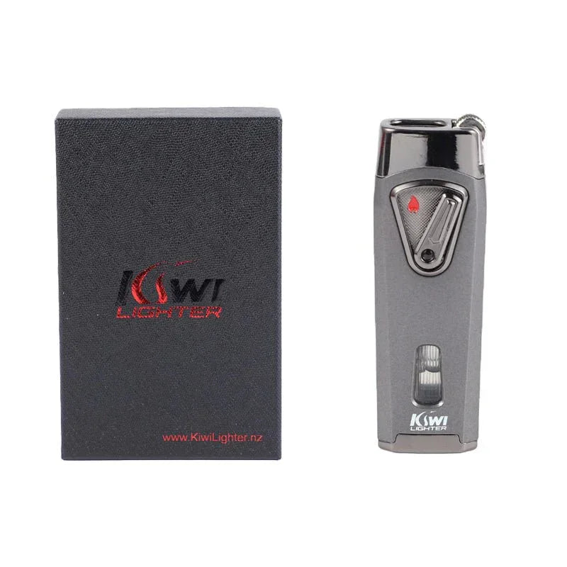 Kiwi Lighter gray metal torch lighter with adjustable flame beside black Kiwi Lighter branded box