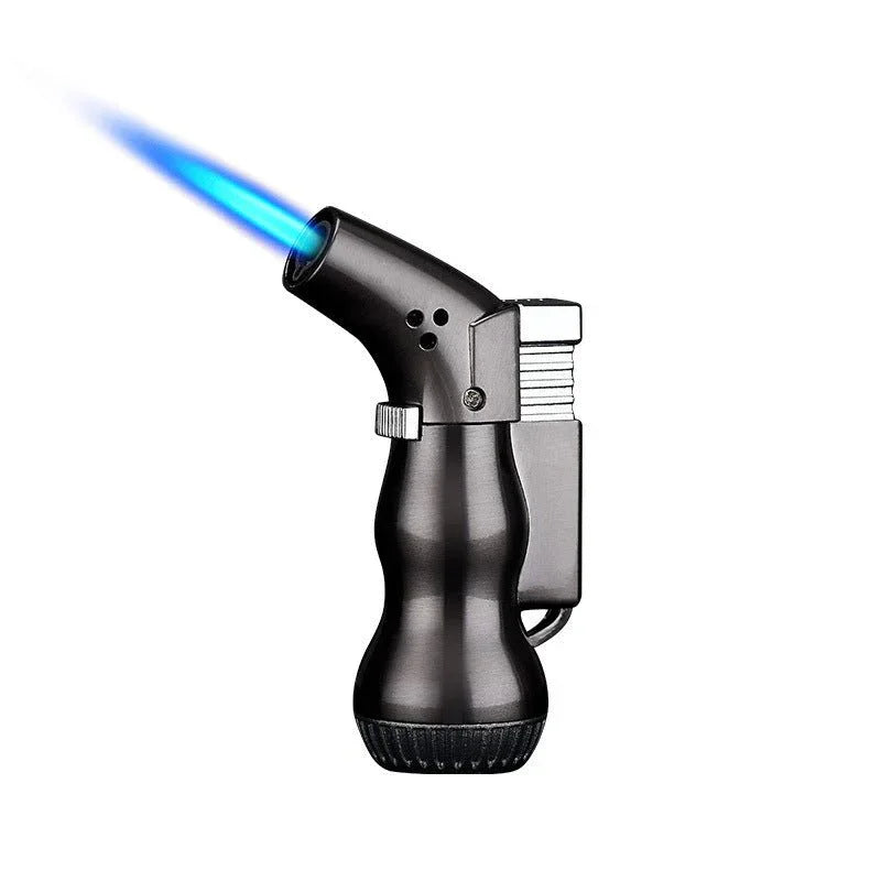 Black butane torch lighter with ergonomic handle and blue flame on white background