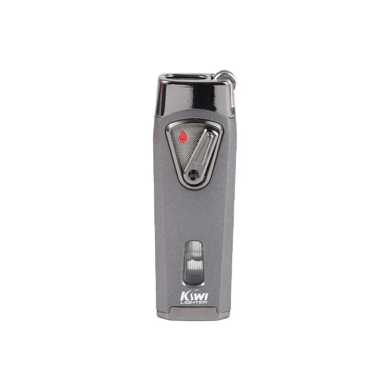 Gray Kiwi torch lighter with silver top and ignition lever against white background