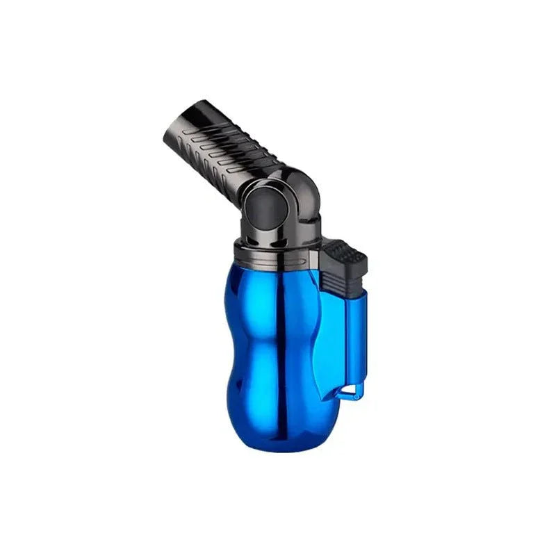 Blue and black jet flame lighter with ergonomic grip and ignition switch on white background