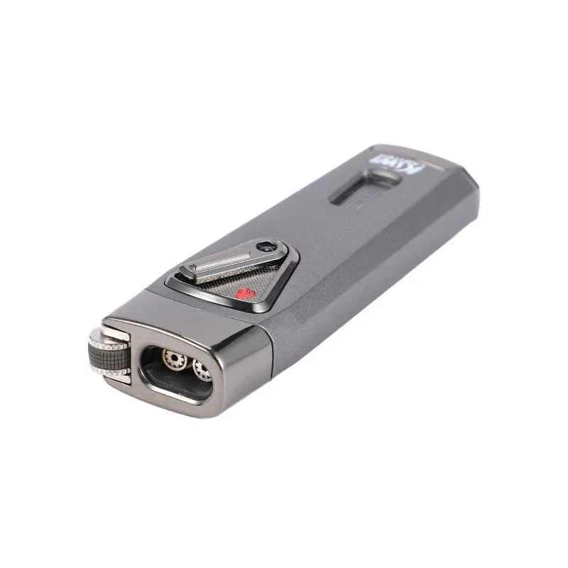 sleek gray jet lighter with dual ignition and adjustable wheel on white background