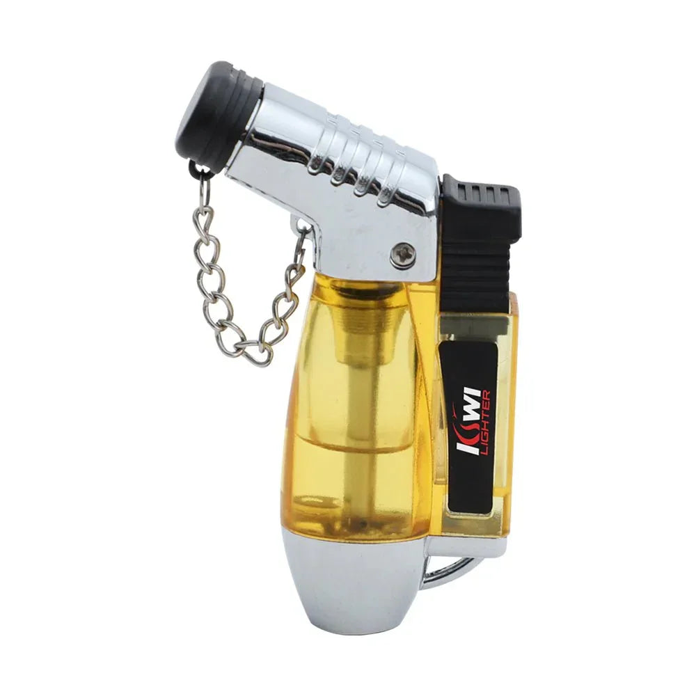 Compact yellow and silver jet lighter with black ignition and metal safety cap chain
