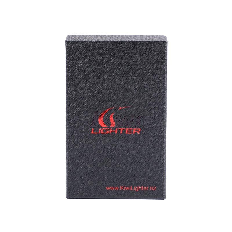 Black textured Kiwi Lighter box with red logo and website www.KiwiLighter.nz on white background