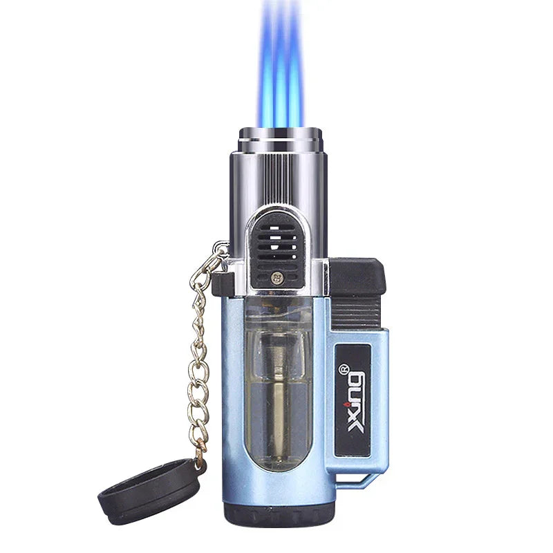 Blue and silver Jet torch lighter with dual blue flames and attached cap on chain