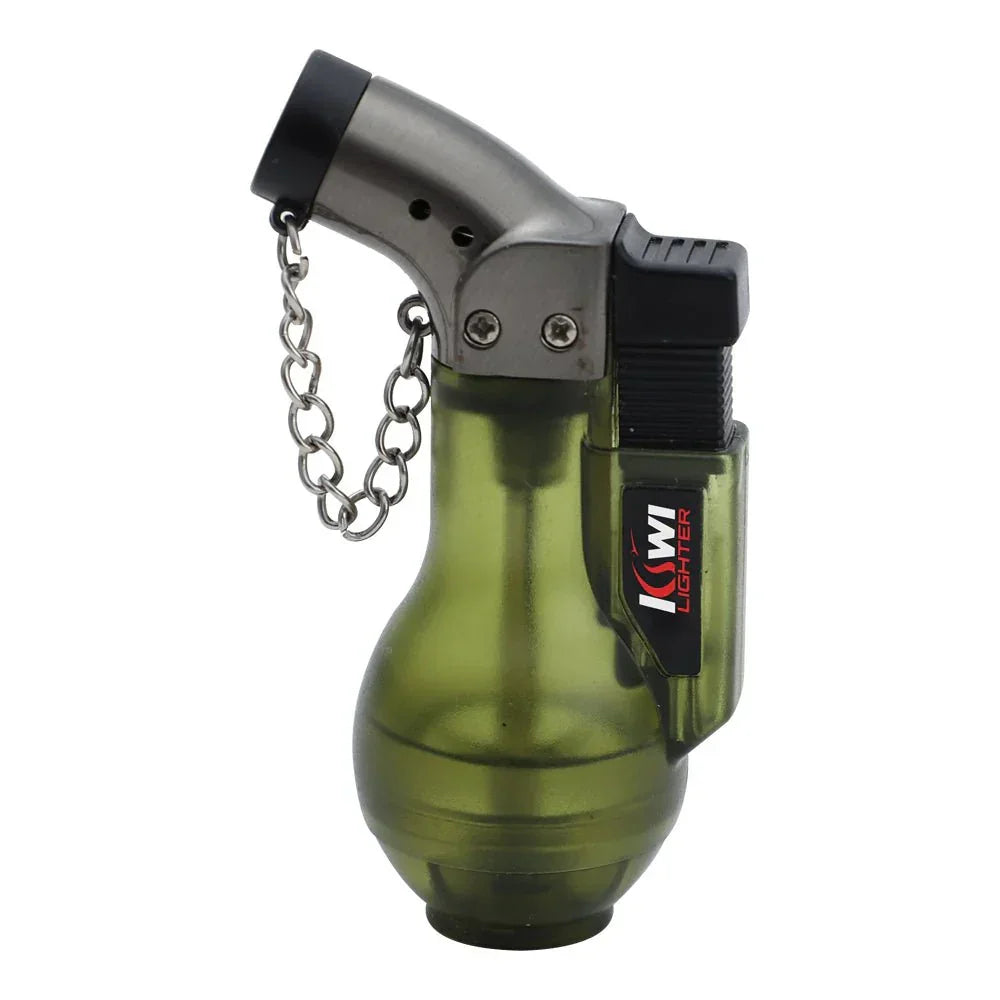 Green translucent Jet SWI jet flame lighter with metal nozzle and chain attachment