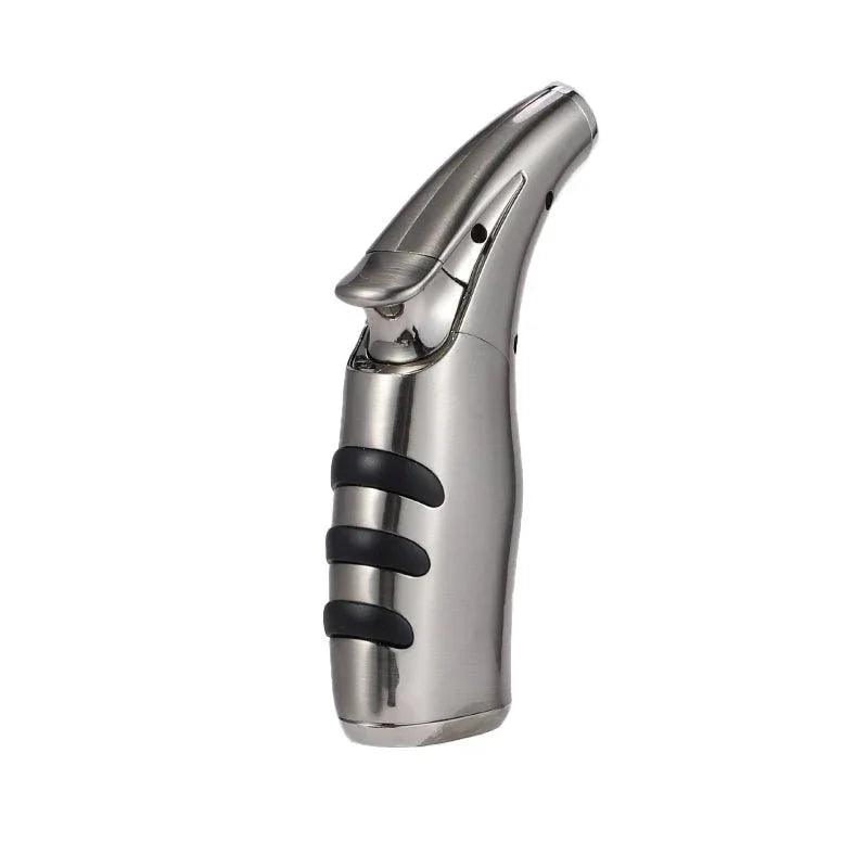 Silver metal jet torch lighter with black rubber grips on white background