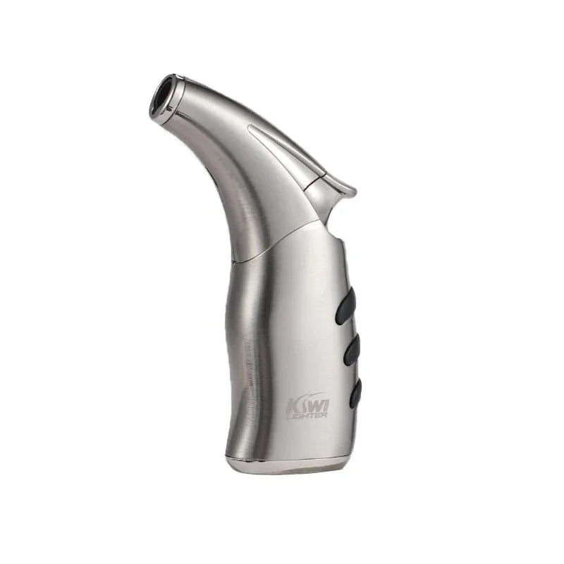 Stainless steel Kiwi jet lighter with ergonomic black grip and curved design