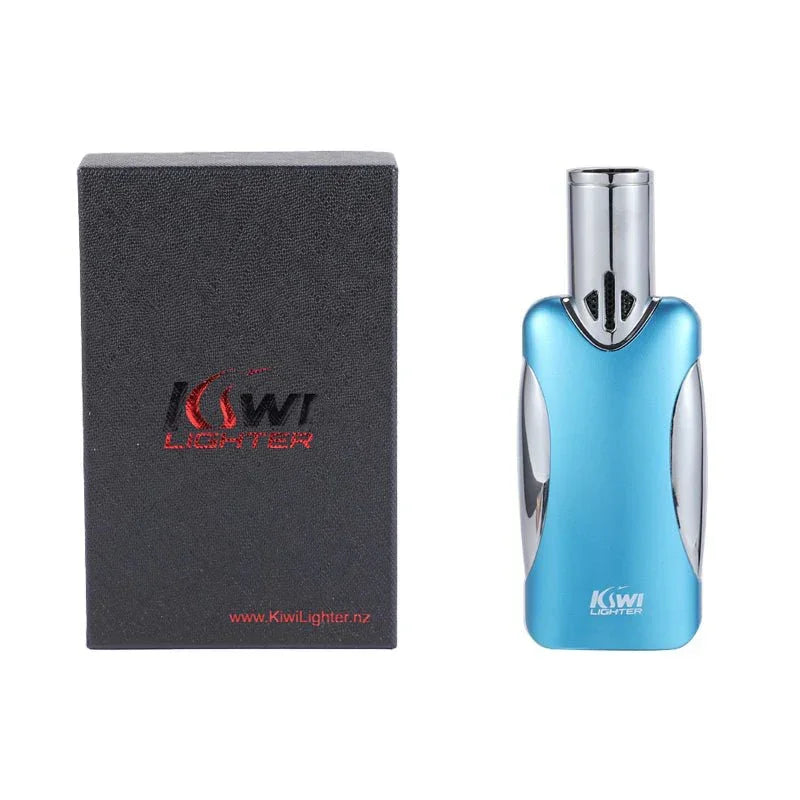 Blue and silver Kiwi Lighter with black textured packaging box featuring red and black Kiwi Lighter logo