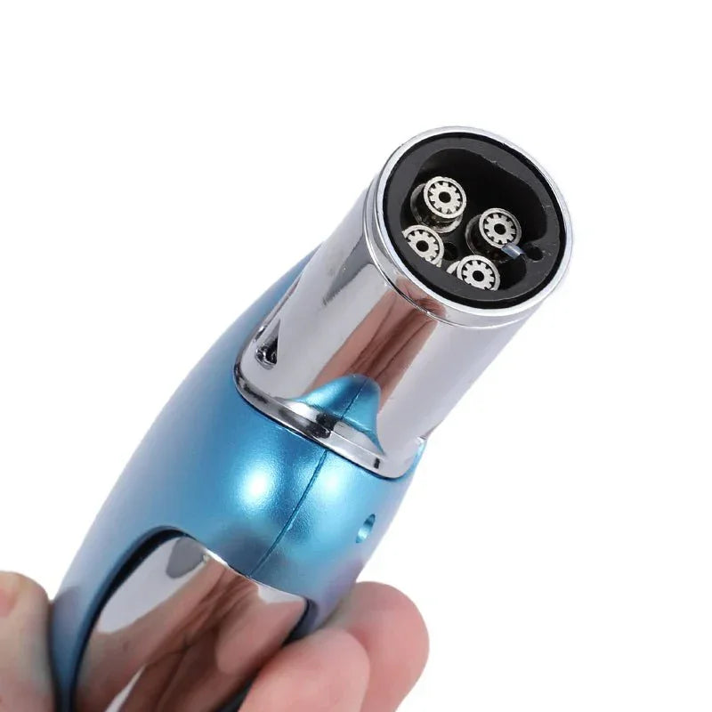 Blue handheld torch lighter with four flame nozzles and chrome accents, held in hand