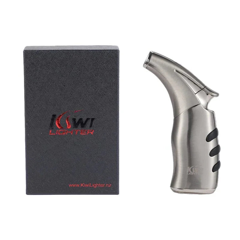 Kiwi Lighter stainless steel torch lighter with black grip, beside black Kiwi Lighter box