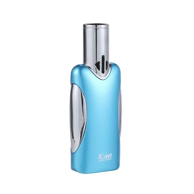 Blue and silver Kiwi torch lighter with ergonomic design and metallic finish