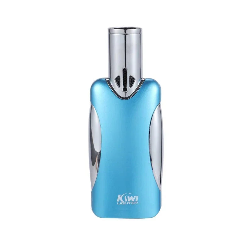 Blue and silver Kiwi brand refillable butane jet lighter with ergonomic design