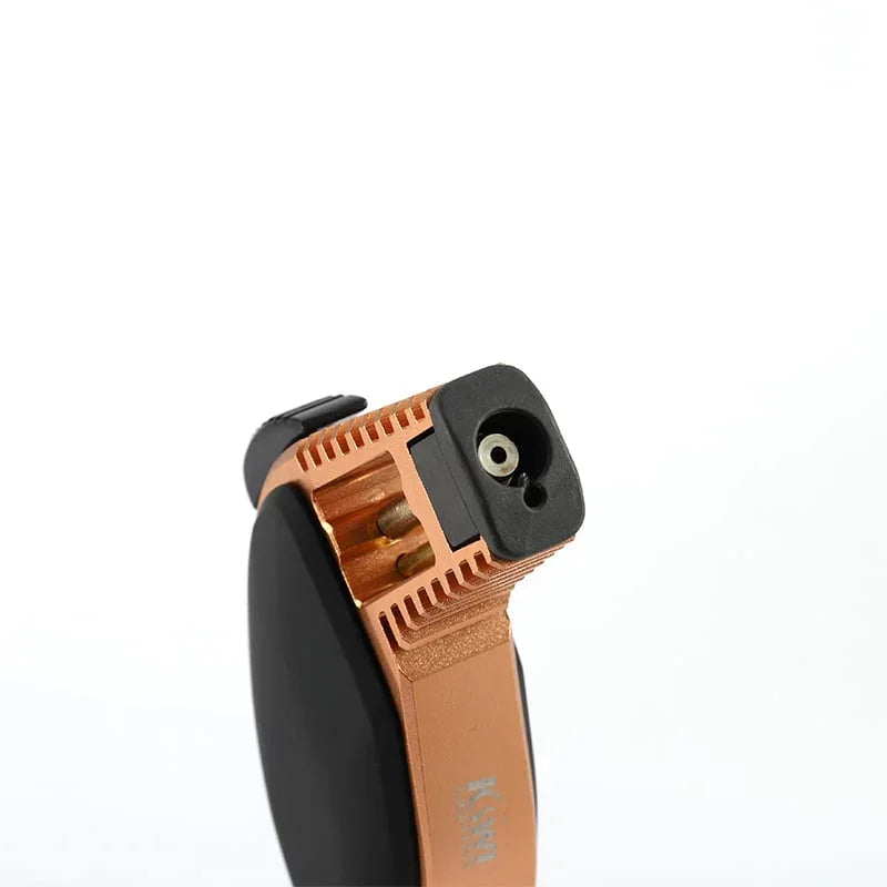 Copper and black jet torch lighter with visible nozzle and ignition mechanism on white background