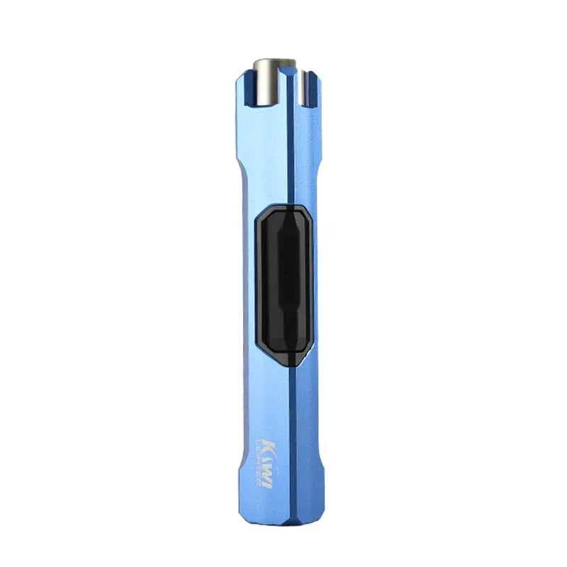 Blue metallic rechargeable jet lighter with black ignition button on white background