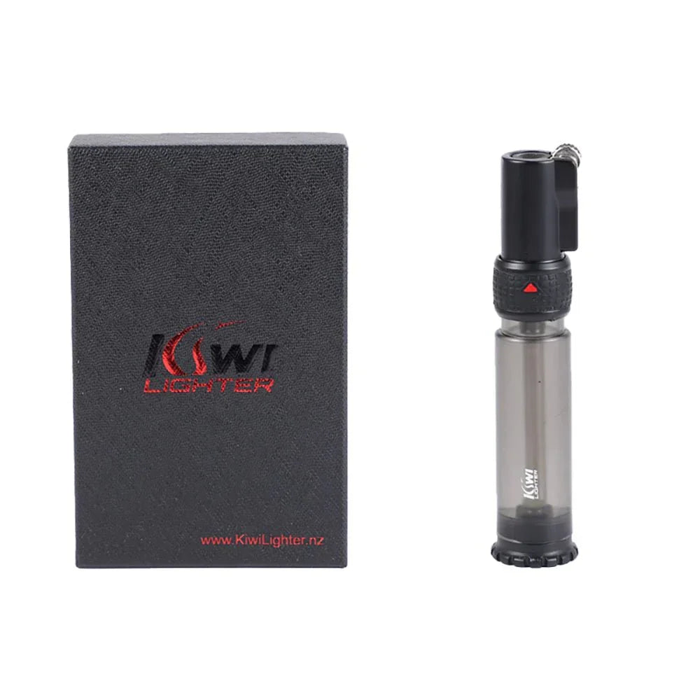 Kiwi Lighter transparent butane torch lighter with black textured box packaging