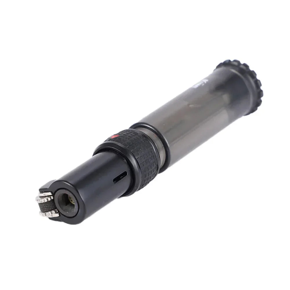 Compact black and transparent gray jet torch lighter with textured grip and metal nozzle