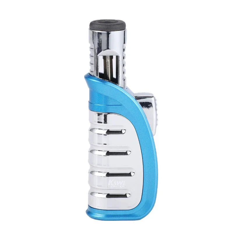 Blue and silver metal jet torch lighter with ergonomic grip on white background