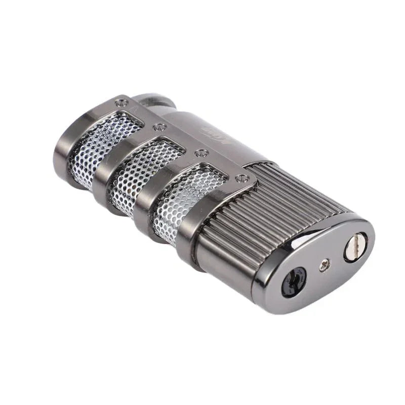 Sleek metallic jet flame lighter with a ribbed grip and mesh side vents isolated on white