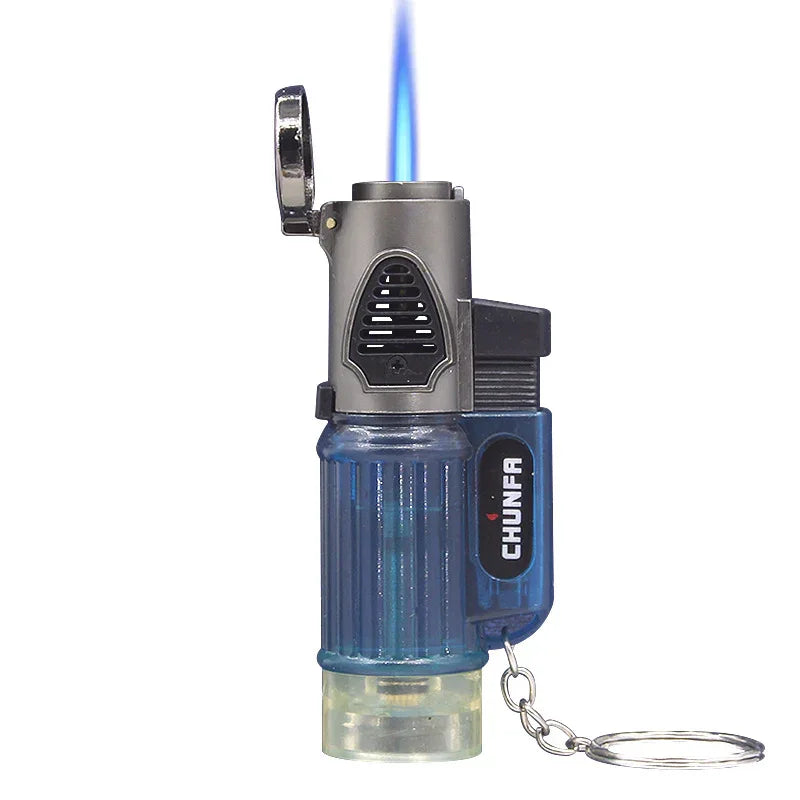 Blue Chunfa jet lighter with metal top, blue flame, and keychain on white background