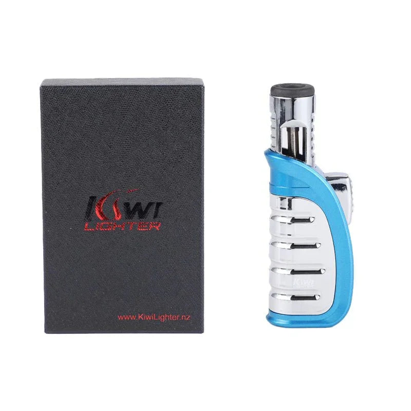 Blue and silver Kiwi brand jet lighter next to black Kiwi Lighter branded box