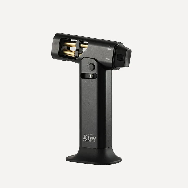 Black Kiwi torch lighter with visible golden fuel tubes and adjustable flame settings on a white background