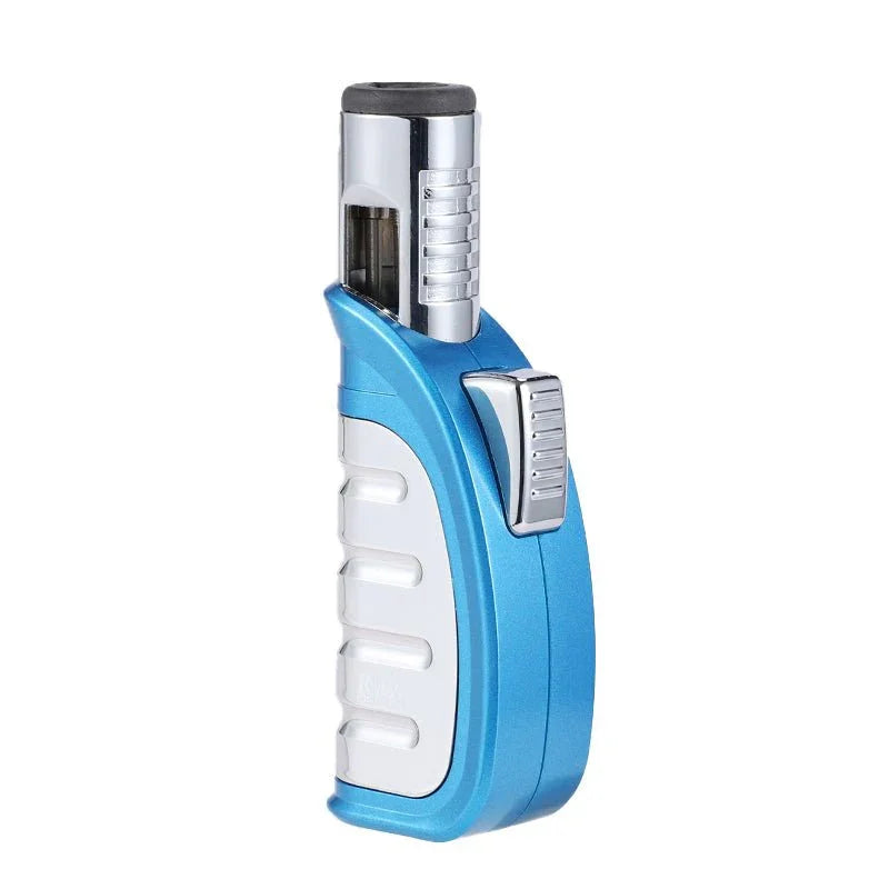 Blue and silver jet torch lighter with ergonomic grip and ignition switch on white background