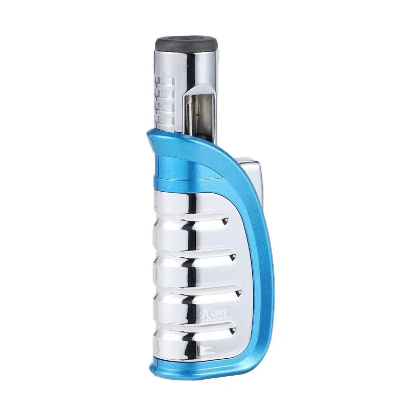 Blue and chrome metal jet lighter with ergonomic grip and ignition button