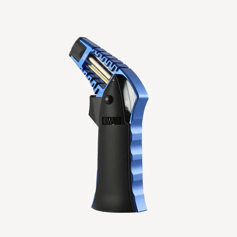 Blue and black butane jet torch lighter with ergonomic textured grip and dual metal flame nozzles