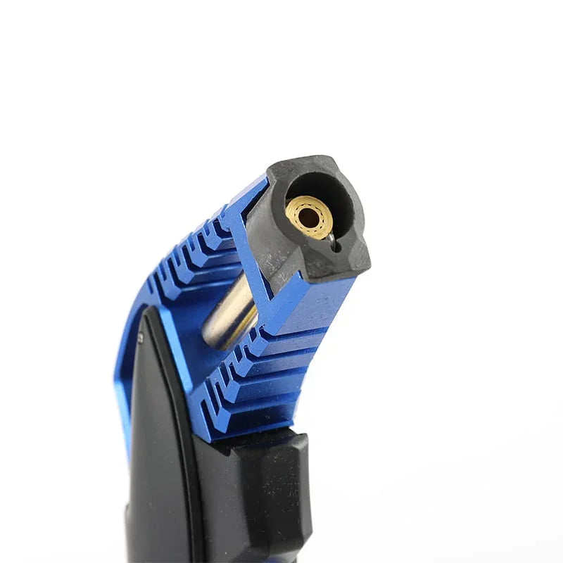 Close-up of blue and black torch jet lighter nozzle and ignition area on white background