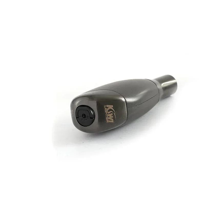 Black KWM torch lighter with ergonomic design on white background