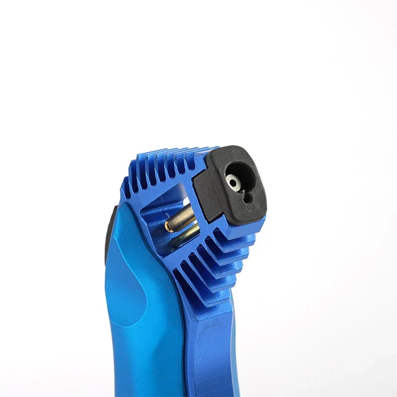 Close-up of blue metal torch lighter with cooling fins and ignition nozzle on white background