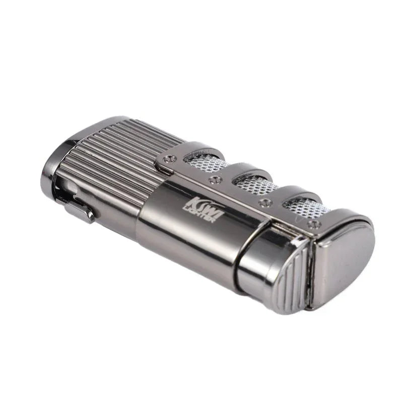 Silver metal jet flame lighter with textured grip and perforated design on white background