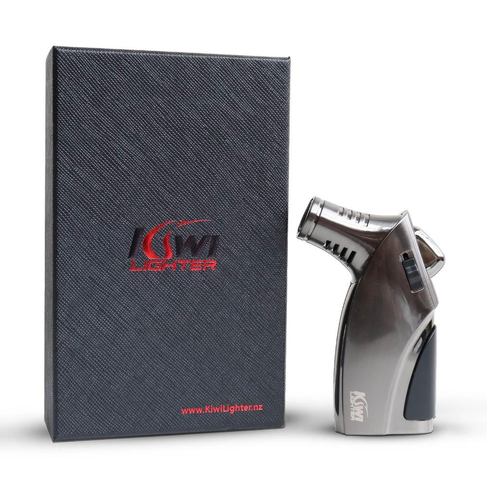 Kiwi Lighter jet flame torch lighter in metallic finish with black textured packaging box