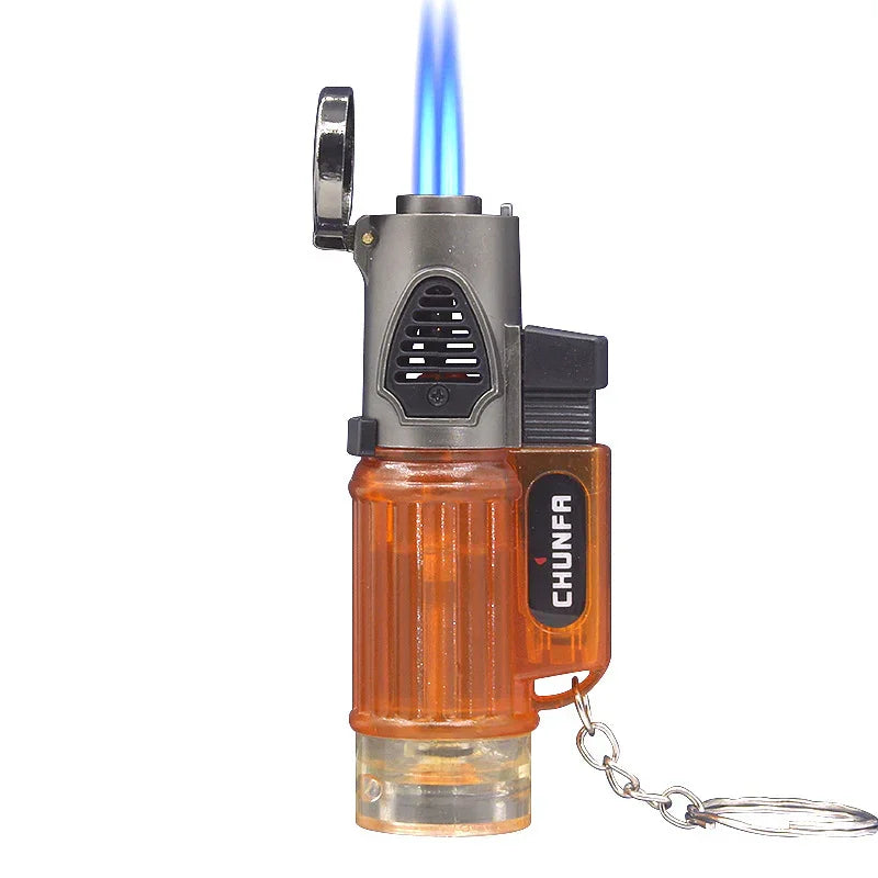 Orange CHUNFA jet torch lighter with blue flame and metal keychain on white background