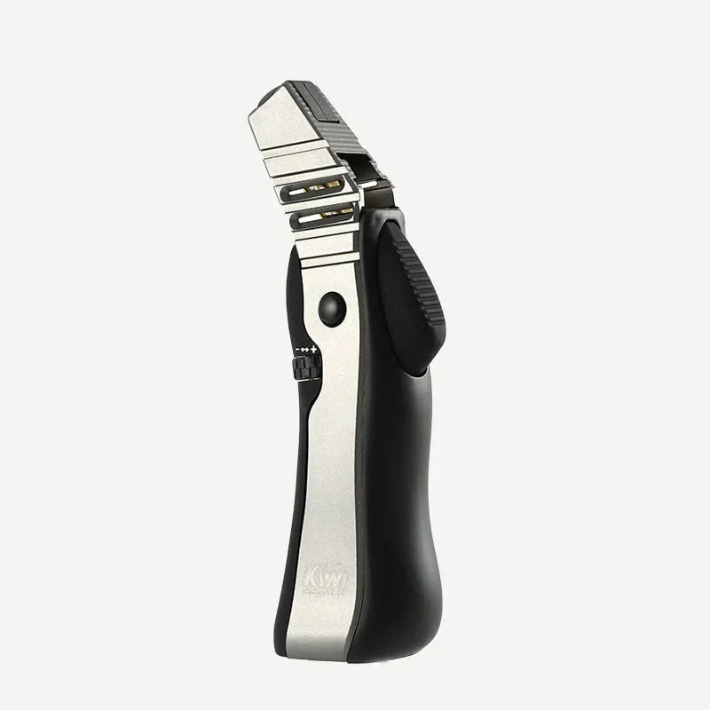 Silver and black jet lighter with adjustable flame and ergonomic design on white background