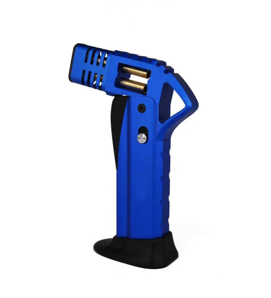 Blue butane torch lighter with dual nozzles and black base on white background