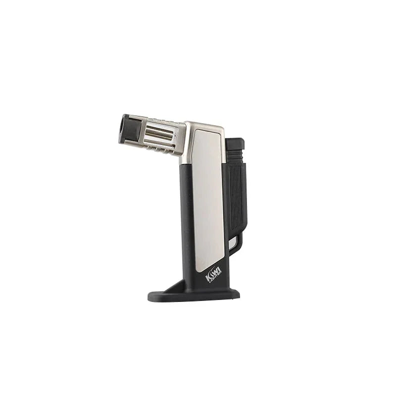 Black and silver KSM butane torch lighter with angled nozzle on white background