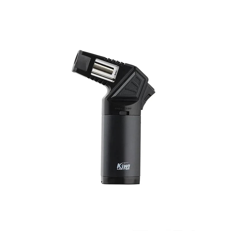 Black Kiwi brand jet torch lighter with angled nozzle and ignition switch on white background