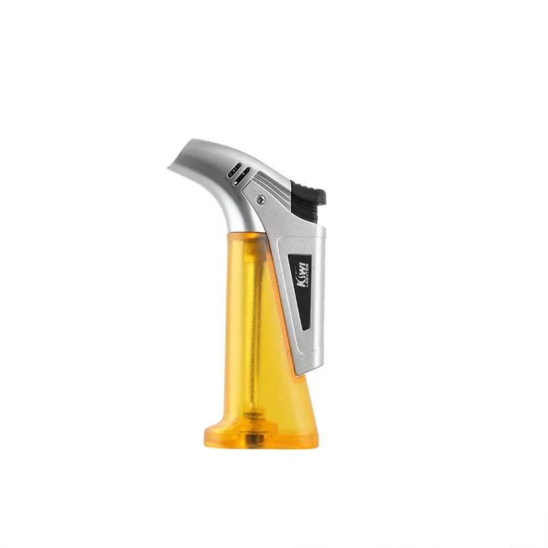 Yellow and silver torch lighter with ergonomic design and trigger ignition