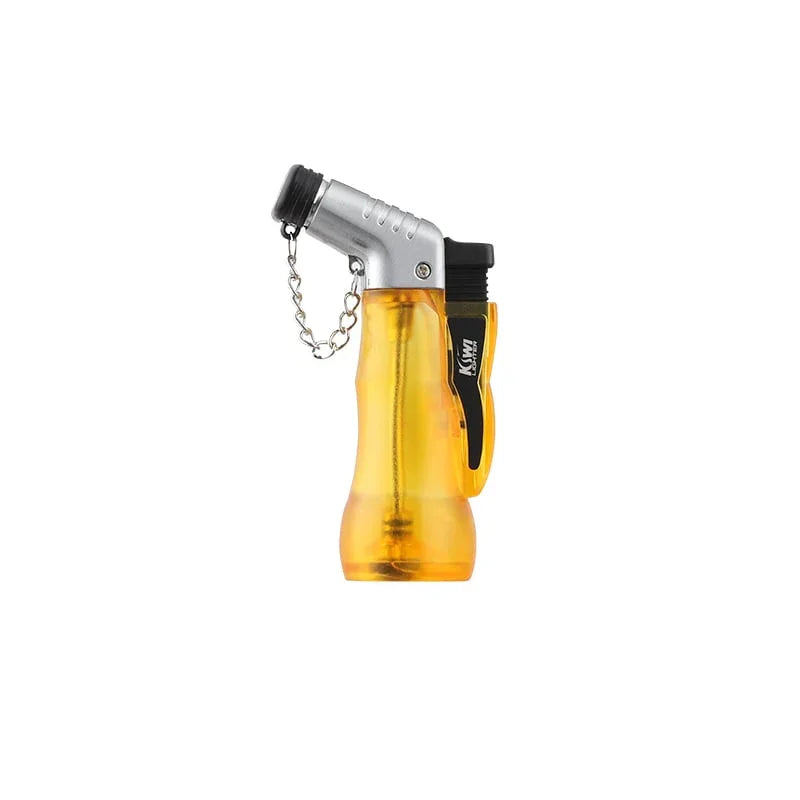 Yellow handheld butane torch lighter with metal head and safety chain on white background