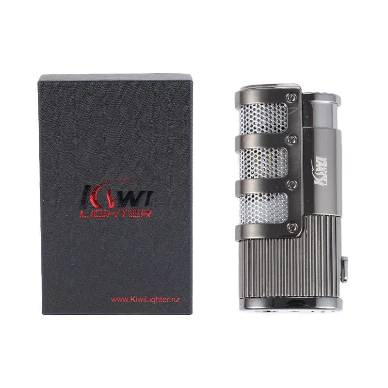 Kiwi Lighter NZ stainless steel butane torch lighter with black textured branded box