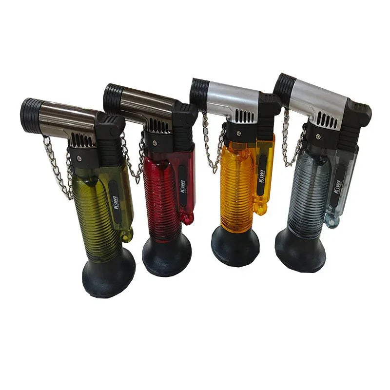 Set of four colorful butane jet flame lighters with translucent bodies and black grips
