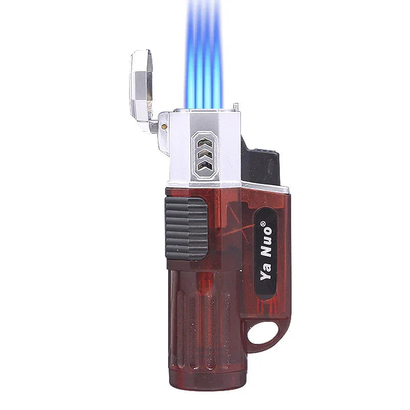 Ya Nuo red transparent jet flame lighter with open lid and blue flame